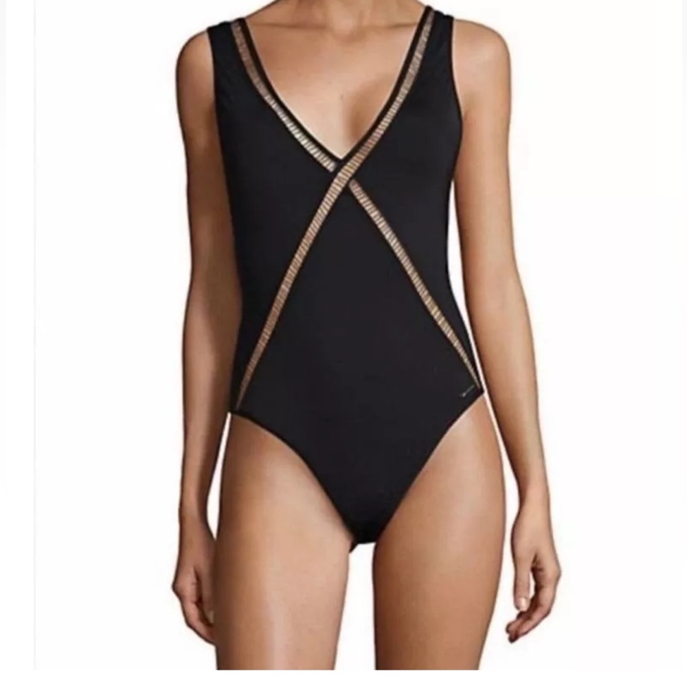 Michael Kors Black One Piece Swimsuit with Sheer Panels